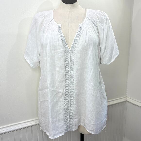 Cynthia Rowley 2X Top Linen Embroidered Smocked White Coquette Coastal Boho - Picture 1 of 8